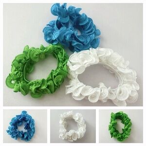 Kids Ruffled Hair Scrunchies Set - Blue, Green, White